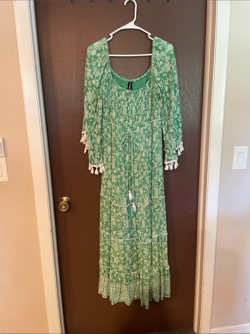 Magic Green and White Floral Tassel Maxi Dress